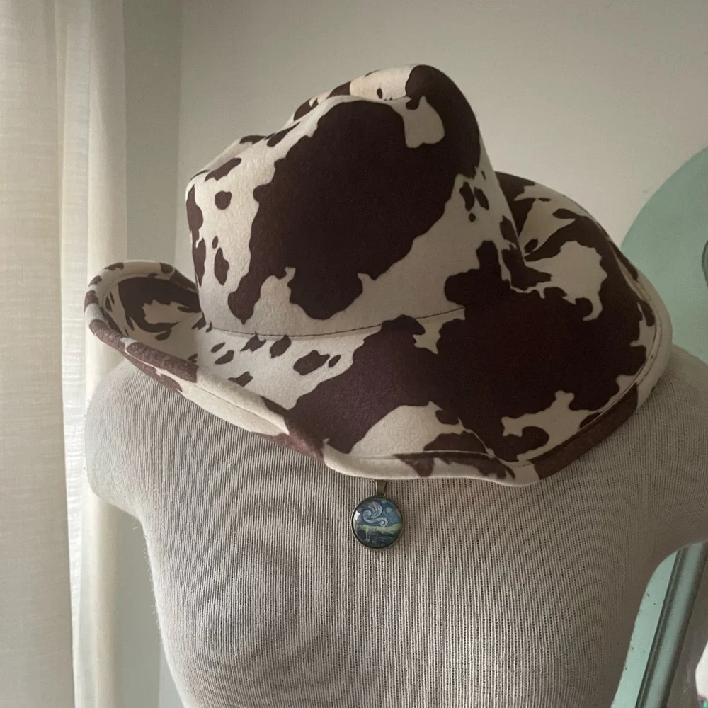 Urban Outfitters wool Brown and White Cow Print Cowboy Hat - Picture 3 of 14